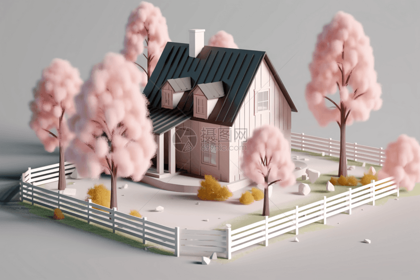 粉色3D房屋建筑图片