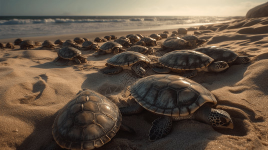 一群海龟在海滩上产卵的照片背景
