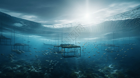 捕鱼网可持续捕鱼养鱼场3D概念图设计图片
