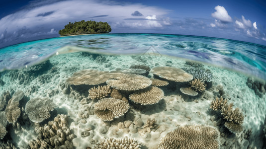 浅水中漂白礁的照片背景图片