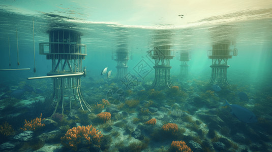 海浪拍打礁石现代海洋能源农场设计图片