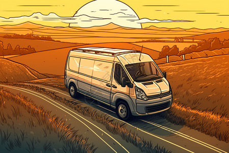 乡村交通电动面包车手绘插图插画