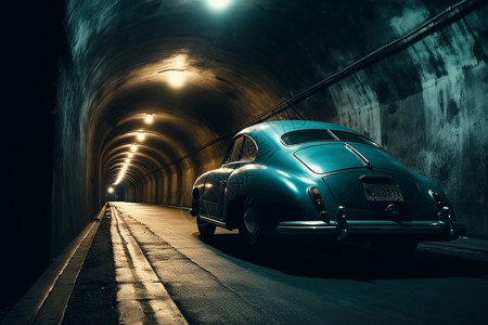 老式建筑隧道里的蓝色汽车设计图片