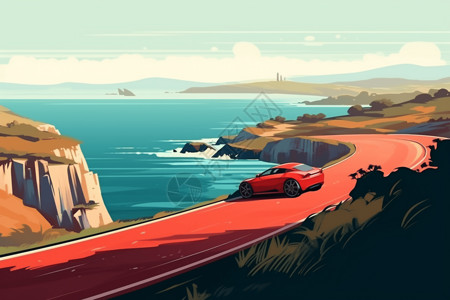 沿海高速公路一辆鲜红色的赛插画