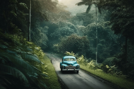 汽车穿过热带雨林图片