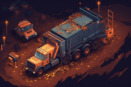 垃圾运输垃圾处理厂垃圾车的3D插图插画