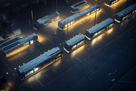 电动巴士在公交枢纽排队概念图背景图片