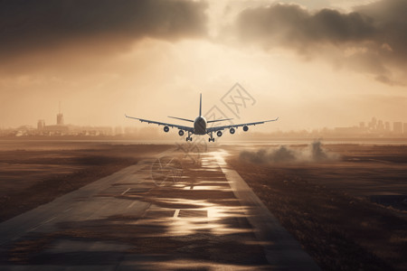 跑道上起飞机场飞机在跑道起飞场景设计图片