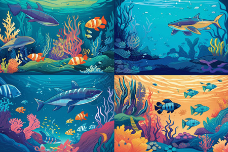 海洋生物种类绘画插图背景图片