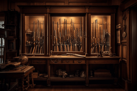 深棕木架子古董枪收藏柜子图设计图片
