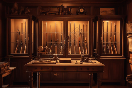 收藏家古董枪收藏在木玻璃柜图片设计图片