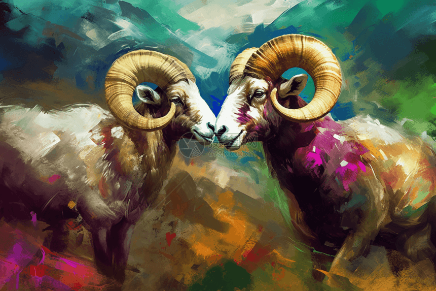 两只公羊头对头站立油画图片