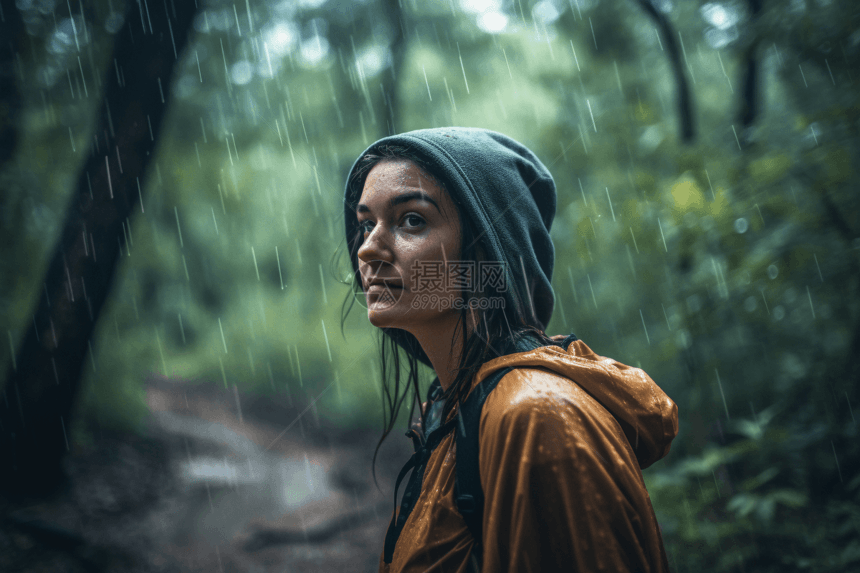 女人在雨天的树林里图片