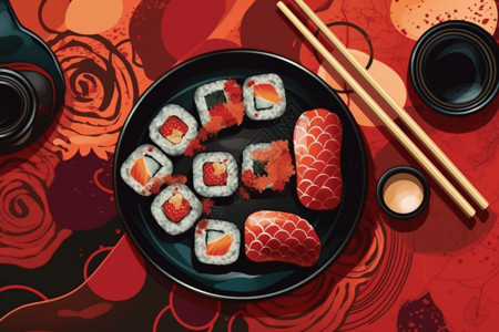 彩色筷子彩色的寿司插画