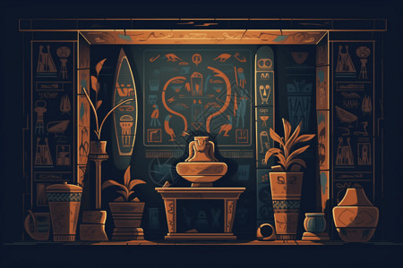 古书架古埃及文物平面插图插画