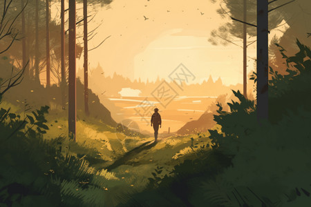 一个在森林徒步的人背景图片