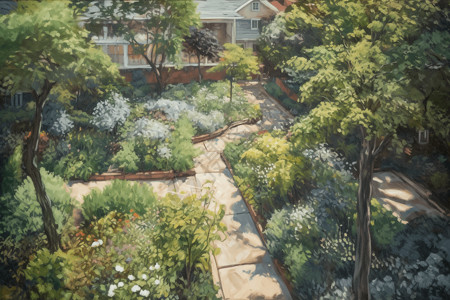 别墅景观园林油画插图高清图片