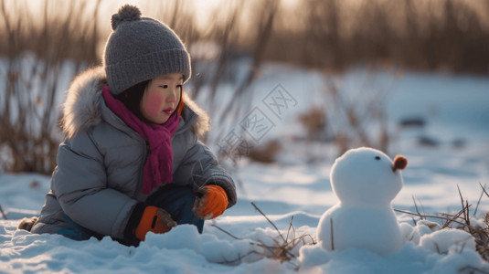 玩雪的小姑娘一个中国小姑娘在雪中堆雪人背景