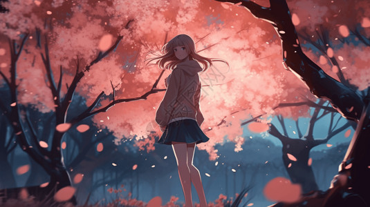 大樱花树下回头的动漫女孩卡通插图图片