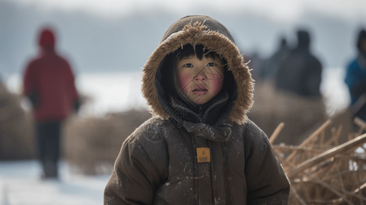 裹着暖和的衣服的中国小男孩在冰冻的湖面上背景