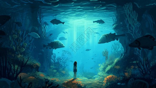 站在大海深处的女孩卡通插图背景图片