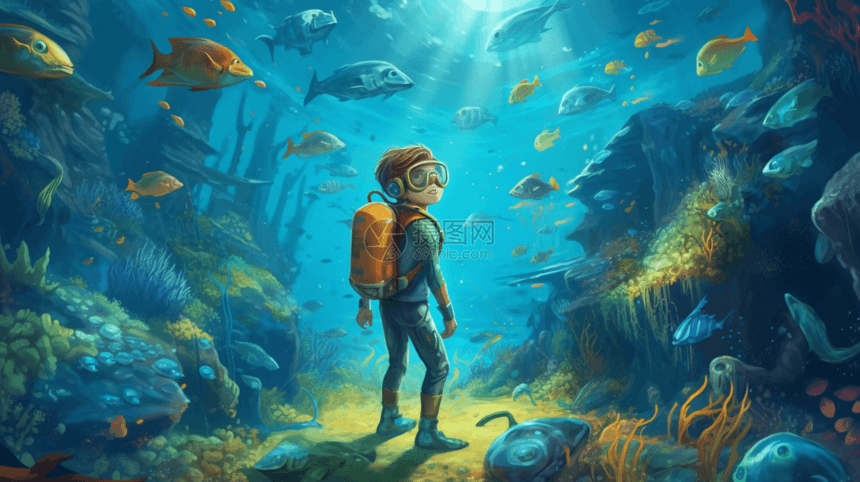 探索海底世界的大胆男孩卡通插图图片