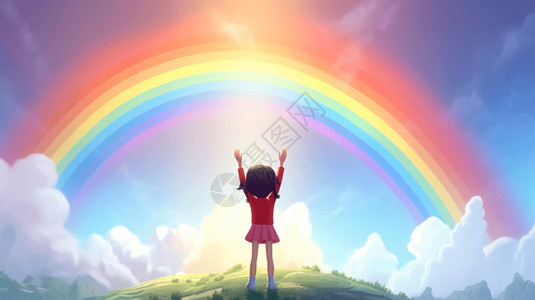 彩虹下举手欢呼的小姑娘卡通插图背景图片
