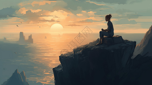 坐在海边思考的女人卡通插图插画