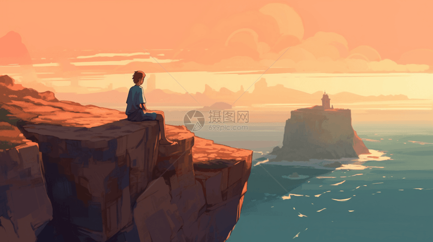 坐在海边悬崖上的男孩卡通插图图片
