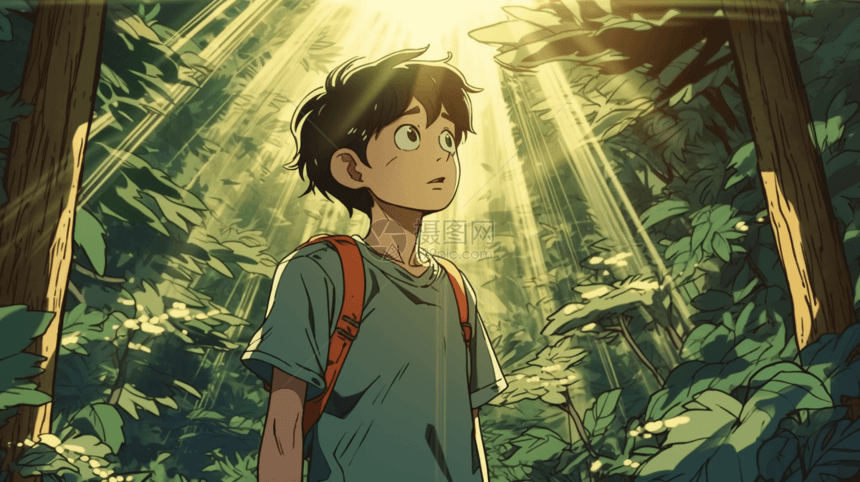 森林空地上的背包男孩卡通插图图片