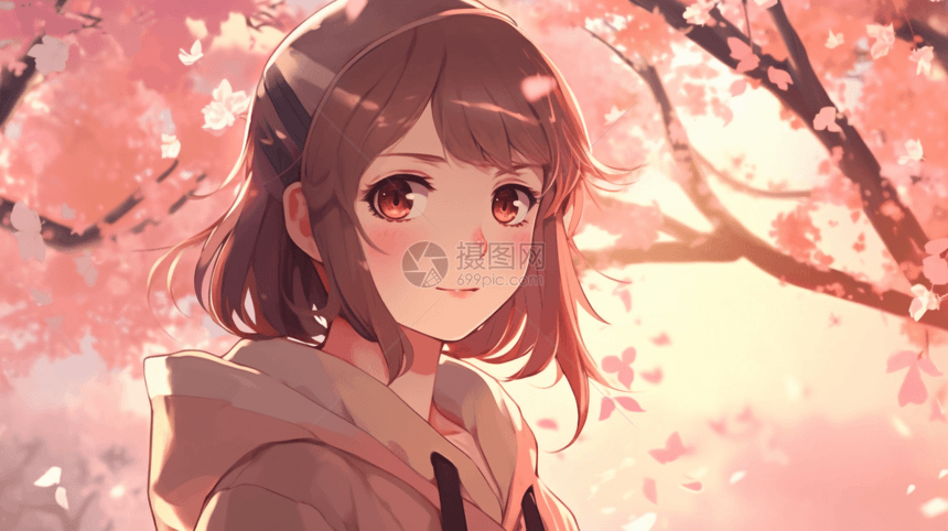 一个站在盛开的樱花树前的动漫女孩卡通插图图片