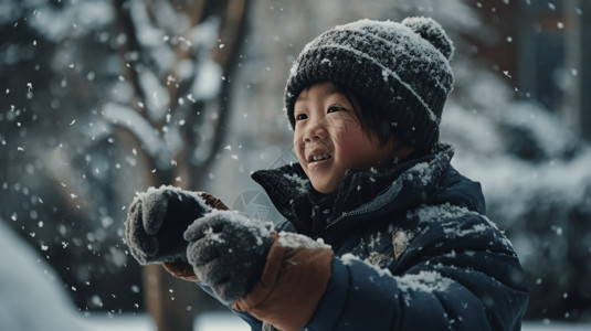 穿着暖和的衣服的中国小男孩打雪仗背景