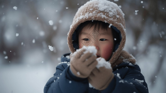 走在雪地里一个中国小男孩在雪地里打雪仗背景