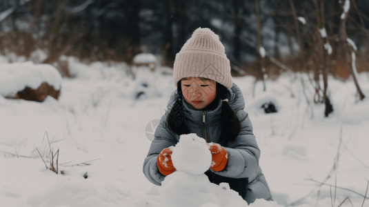 堆雪人的中国小姑娘背景图片