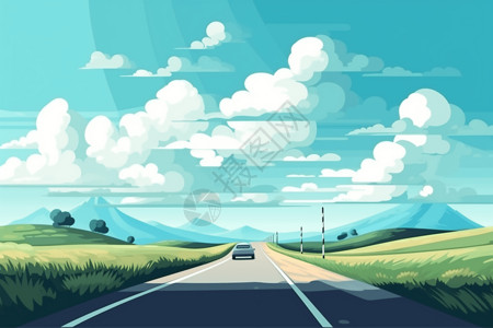 一辆电动汽车驶向地平线景观高清图片素材