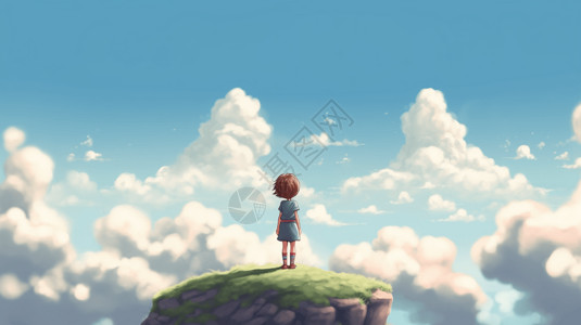 动漫小姑娘站在一个山头上插画