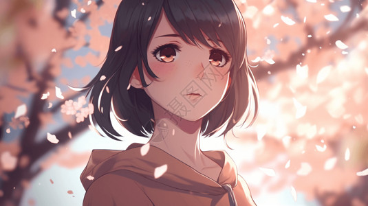 可爱的动漫女孩站在樱花树下图片素材