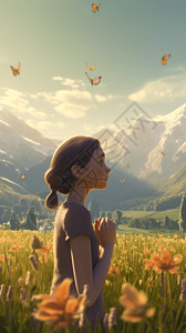 鲜花盛开的田野中的女孩背景图片