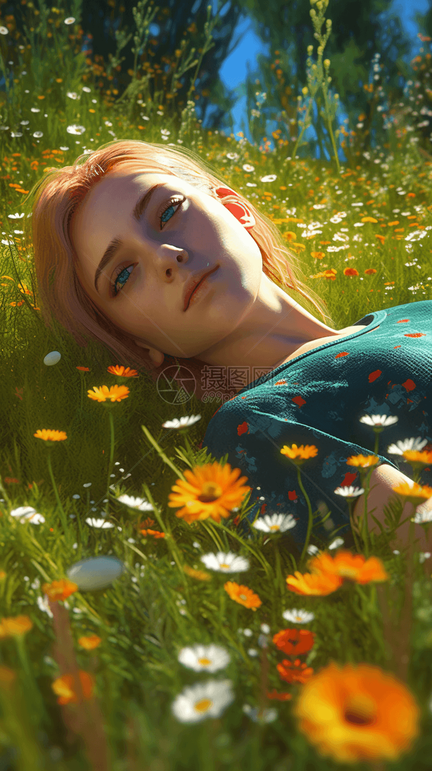 躺在开满花的草地上的女孩图片