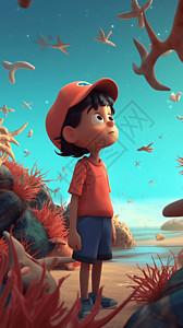 海边探索潮汐池的男孩漫画背景图片