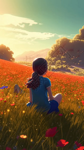 坐在开满野花的田野里的卡通女孩背景图片