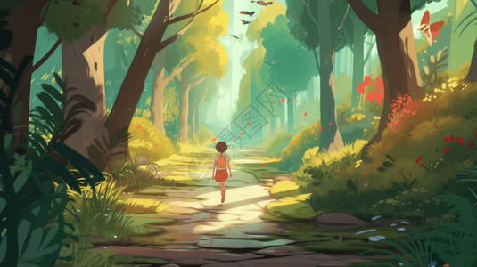 沿着森林小径行走的女孩漫画插图背景图片