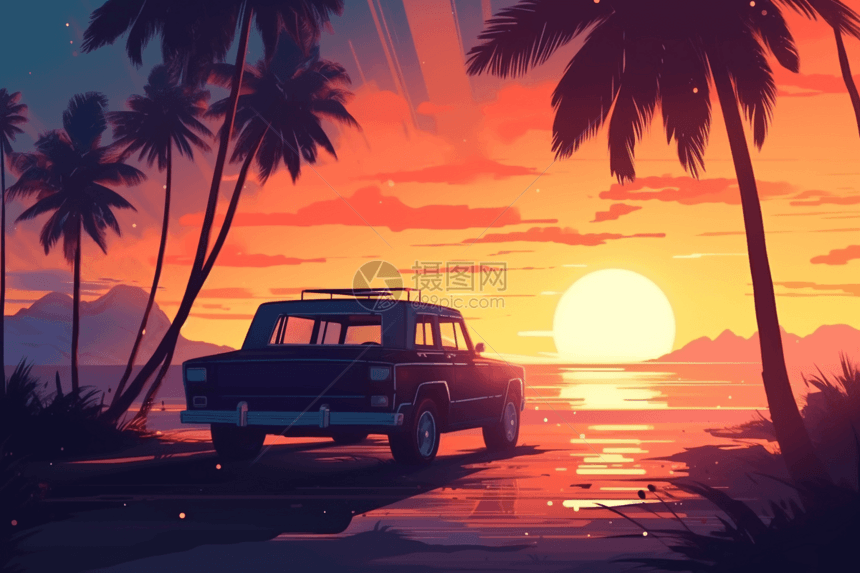 夕阳下海滩边上的汽车图片