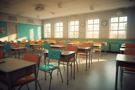 彩色桌椅教室的广角镜头图片