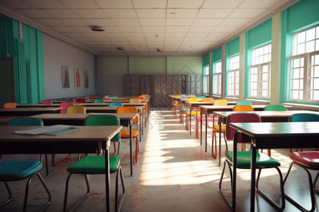 公开课彩色桌椅教室3D概念图背景图片