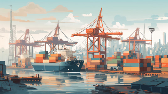 海事起重机运输集装箱的港口插图插画