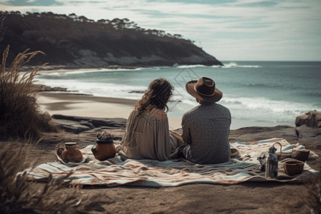 坐在海边的情侣高清图片