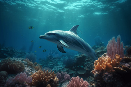 珊瑚礁前的海豚图片