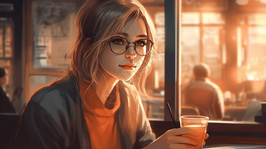 商务女性办公咖啡店里的女孩插画