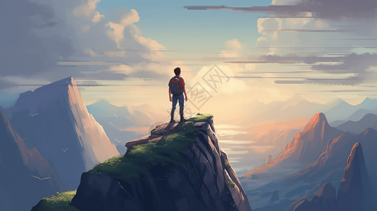 登山山顶站在山峰上的男人插画